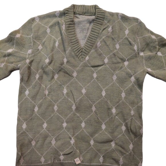 Vintage 1940s-1950s Olive Pea Green Beige Woven Print LS Knit V-Neck Sweater - Picture 4 of 8
